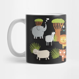 Our friends, the lion, tiger, zebra, elephant , tucan and hippo,on the savannah in Africa Mug